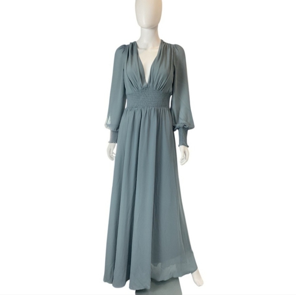 Baltic Born Women's M Dusty Blue Maxi Dress Long Sleeve V Neck Smocked Waist